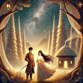 DALL·E 2024-11-26 11.42.33 — An enchanting illustration depicting a Kyrgyz fairytale setting_ A young couple, Ulan and Aisuluu, standing under a starlit sky, with a glowing heart-